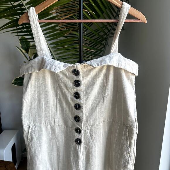Linen Blend Wide Leg Jumpsuit Pant XL Button Front Boho White and Beige Resort - Picture 3 of 8
